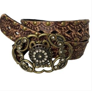 Aldo Distressed Brown Belt with Ornate Gold Buckle